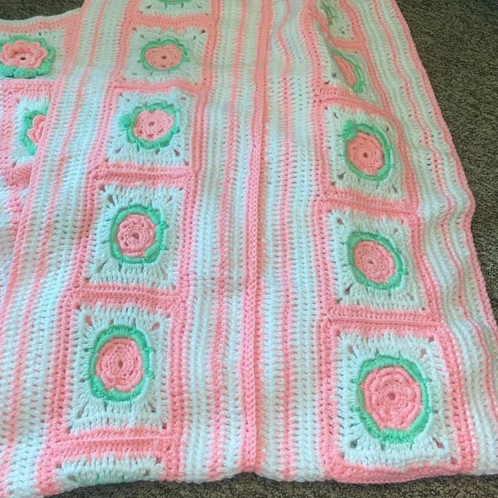 Pink and White Crochet Blanket with Floral Design Handmade 335X29” Approximate